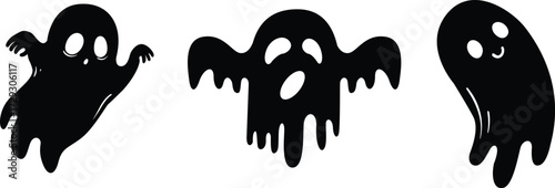 A collection of three spooky black ghost silhouettes with different expressions, perfect for Halloween designs. Vector icon set isolated on white