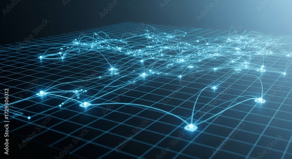 Obraz premium Abstract digital network connections with glowing data points on a grid background