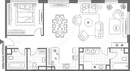 Vector art of floor plan of a modern apartment with living room, dining, bedroom, and bathroom