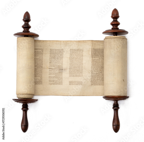 Foto A Torah scroll rolled open, isolated on white.