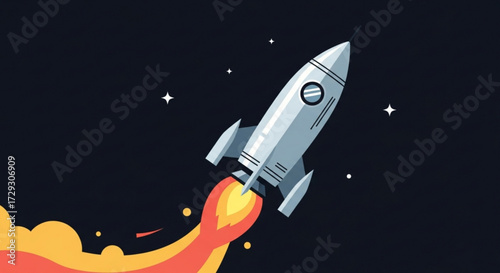 Rocket launch into space with stars on dark background concept of business startup, innovation, and success vector illustration