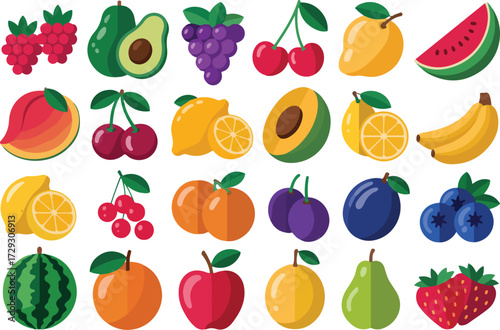 Assorted colorful flat design fruits including berries apples bananas and watermelon raspberry avocado