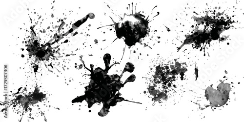 Abstract Black and White Ink Splats Creating a Grunge Effect. Transparent PNG available detailed ink splats Hyperrealistic Highly Detailed Isolated On Transparent Background	