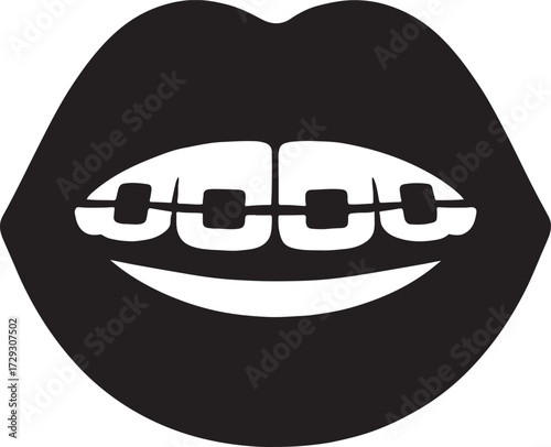 Lips with braces teeth icon silhouette vector, orthodontic dental care symbol, smile outline isolated design.