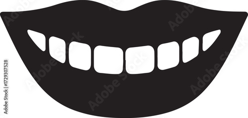 Lips with smiling teeth icon silhouette vector, dental care symbol, beauty smile outline isolated design.