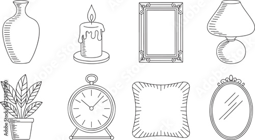 Black and white line art icons of household items including vase, lamp, clock, mirror, plant, pillow, frame, candle.
