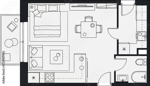 Vector art of floor plan of a studio apartment with living area, bedroom, kitchen, and bathroom