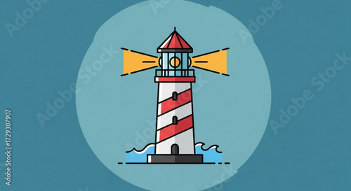 Lighthouse with light beam on blue background navigation aid for ships and boats beacon for guidance and safety at sea