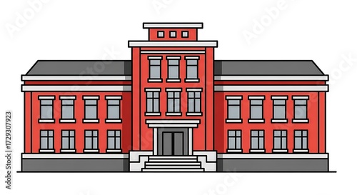 Cartoon illustration of a red school building with grey roof, multiple windows, and central entrance steps