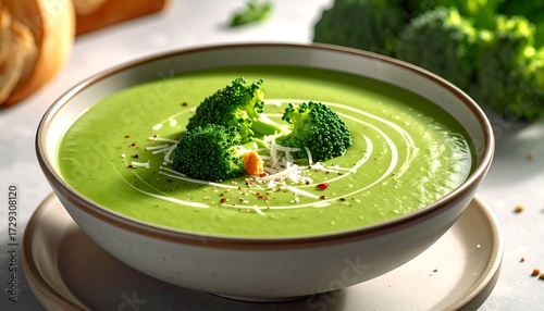 Creamy green broccoli soup in a bowl