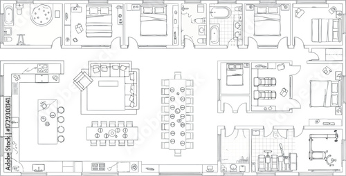 Vector art of architectural floor plan blueprint of a large house with multiple rooms and furniture layout