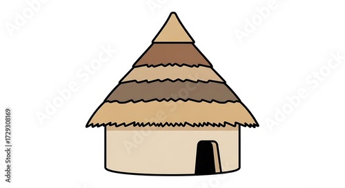 Cartoon illustration of a traditional thatched-roof hut with a conical roof