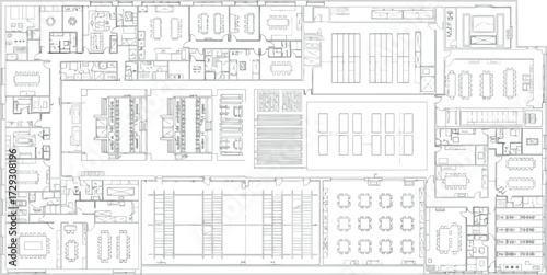 Vector art of detailed architectural floor plan blueprint of a large commercial building with multiple rooms