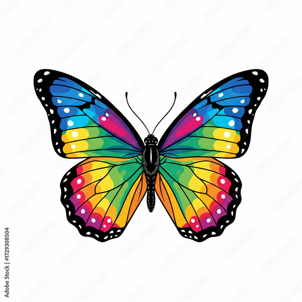 Obraz premium Vibrant rainbow butterfly with intricate wing patterns, symbolizing transformation and joy, perfect for nature or design projects