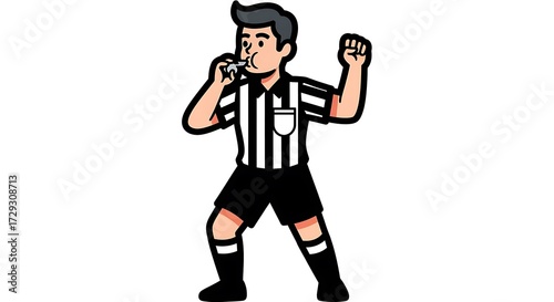 Cartoon Referee Blowing Whistle and Raising Fist Signaling Sports Call