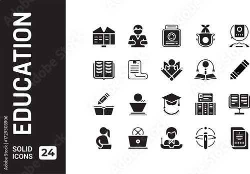 Collection of 24 black solid icons representing education and learning concepts school university