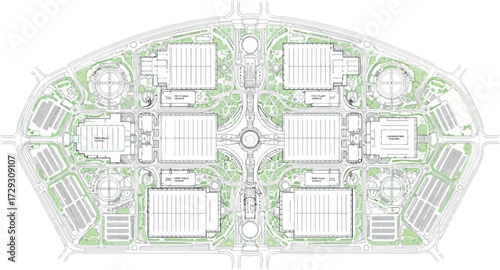 Vector art of aerial view of a largescale urban development with multiple buildings and green spaces