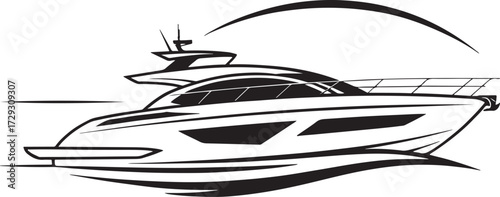 Sleek black and white illustration of luxury yacht in motion with modern lines, water waves, and brand name detail.