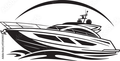 Sleek black and white illustration of luxury yacht in motion with modern lines, water waves, and brand name detail.