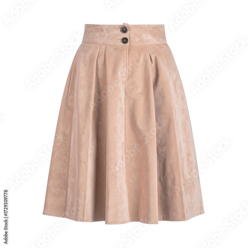 A stylish, elegant, and fashionable beige-colored pleated skirt is isolated on a black background, showcasing a high-waisted design with two decorative buttons, a design perfect for modern wardrobe...