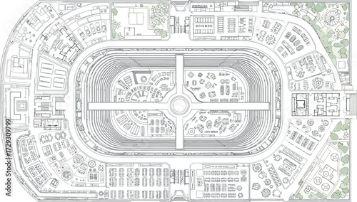 Vector art of topdown architectural blueprint of a large, complex stadium with seating and interior structures