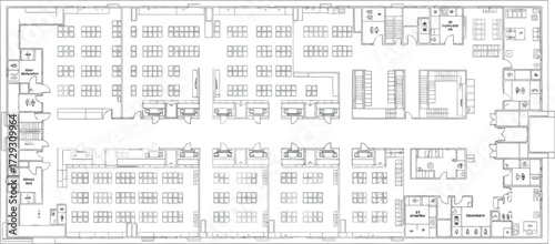 Vector art of architectural blueprint of a long commercial building floor plan with many offices