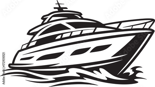 Sleek black and white illustration of luxury yacht in motion with modern lines, water waves, and brand name detail.