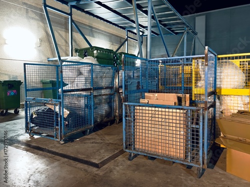 Industrial waste management area featuring metal bins and containers filled with various materials, showcasing organized recycling efforts and environmental responsibility
