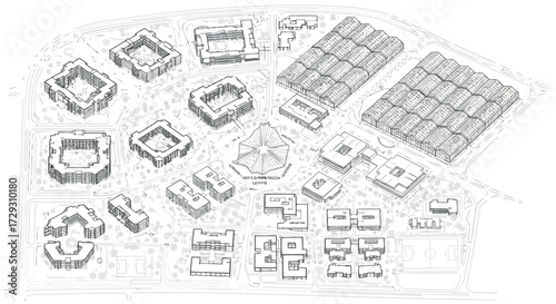 Vector art of architectural sketch of a city block with various building designs and green spaces