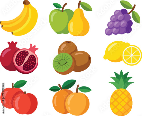 Collection of colorful cartoon fruits including bananas apples pears grapes pomegranates kiwis 2