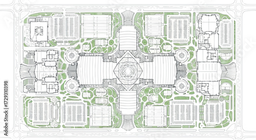 Vector art of architectural blueprint of a large complex with green spaces and parking lots