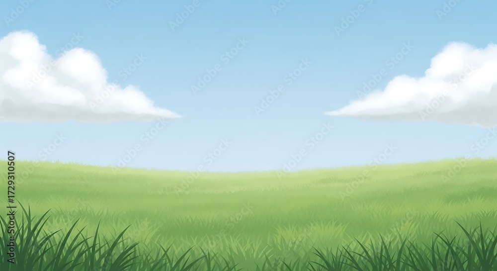 Obraz premium Expansive green meadow under a bright blue sky with fluffy white clouds, a serene landscape