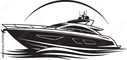 Sleek black and white illustration of luxury yacht in motion with modern lines, water waves, and brand name detail.