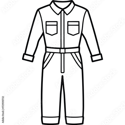 Clean minimalist line drawing of a utilitarian jumpsuit