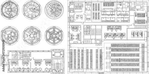Vector art of architectural drawings including circular designs and floor plans