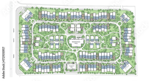 Vector art of aerial view of a planned residential community development with houses and green spaces