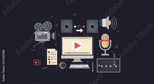 A sleek flat design illustration presenting a comprehensive collection of icons for digital production and multimedia content creation. 