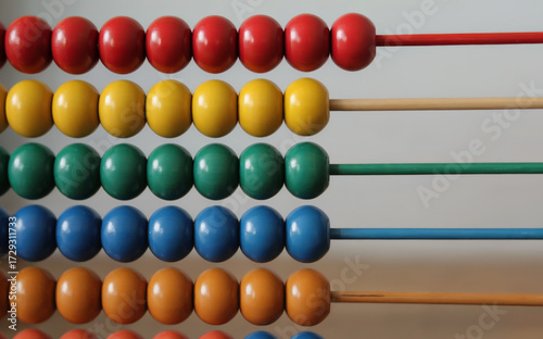 Close-Up of Traditional Wooden Abacus with Multicolored Beads on Horizontal Rods, Classic Manual Counting Tool for Math Education and Arithmetic Learning