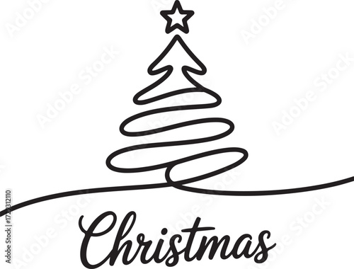 Elegant Continuous Line Art of a Christmas Tree with Star, Perfect for Holiday Designs