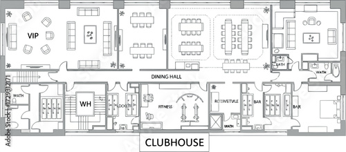 Vector art of floor plan of a clubhouse and vip lounge with meeting rooms and recreational areas