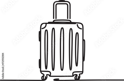 Minimalist continuous line art illustration of a rolling suitcase, symbolizing journey, adventure, and the excitement of travel