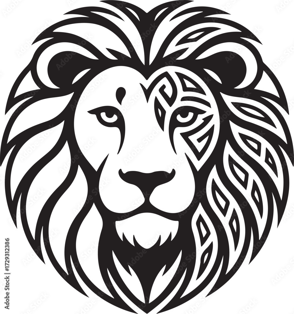 Fototapeta premium Intricate Lion Face A Striking Black and White Illustration of Regal Majesty