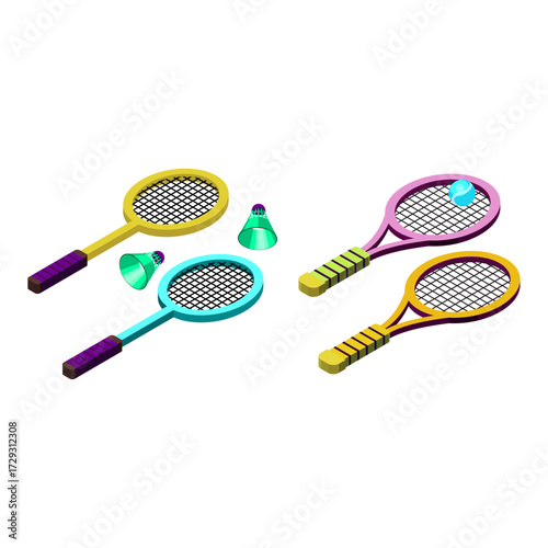 Two pairs of colorful badminton rackets with shuttlecocks on white background, vibrant sports equipment