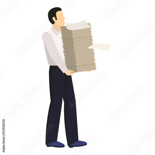 Overwhelmed office worker struggling with a large stack of paperwork in a modern business setting