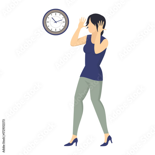 Woman in distress covering ears near a clock, indicating stress and time pressure
