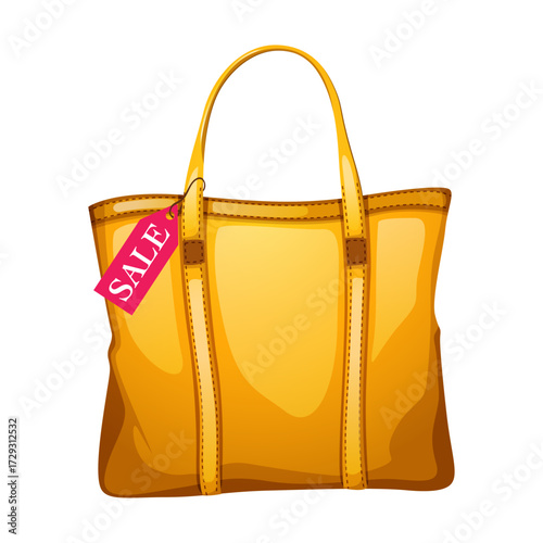 Yellow Tote Bag with Pink Sale Tag Isolated on White Background - Shopping and Fashion