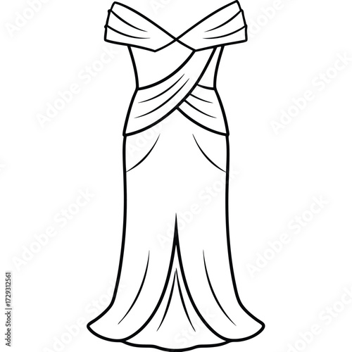 Elegant off shoulder draped gown black and white line drawing