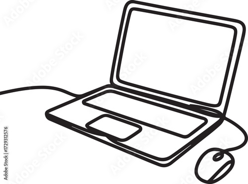 A minimalist continuous single line drawing of a laptop computer with a connected mouse. Modern technology art