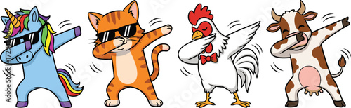 Funny cartoon animals dabbing dance vector illustration with unicorn, cat, rooster, and cow wearing sunglasses in cool hip hop style.