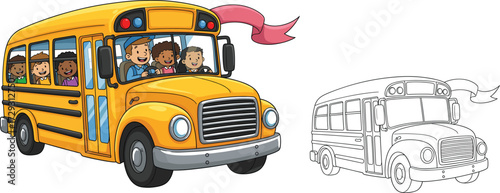 Yellow school bus vector illustration with happy children passengers, cartoon driver, front view, educational transport, and black white coloring page.
